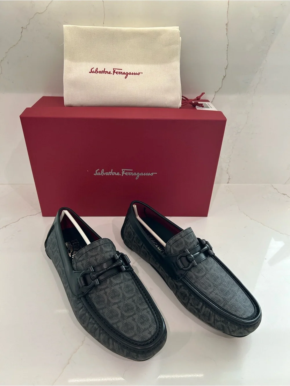 Salvatore Ferragamo Men’s Gray Signature Logo Bit Loafers